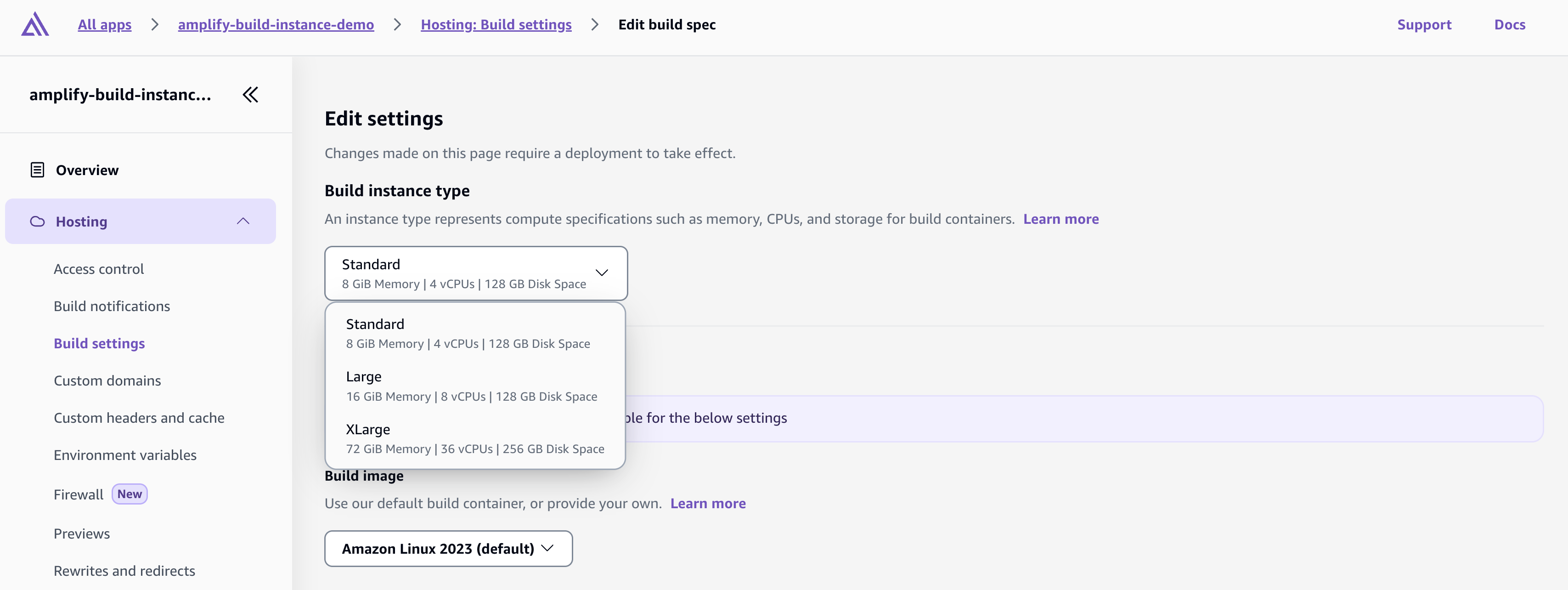Screenshot of build instances setting in an existing app settings